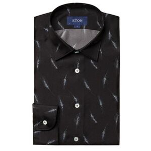 Eton Black Wheat Print Silk Shirt Men's XL Slim Button Long Sleeve Shirt
